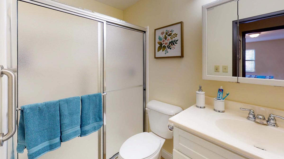 Bathroom in an Autumn Ridge apartment, with a grab bar beside the shower